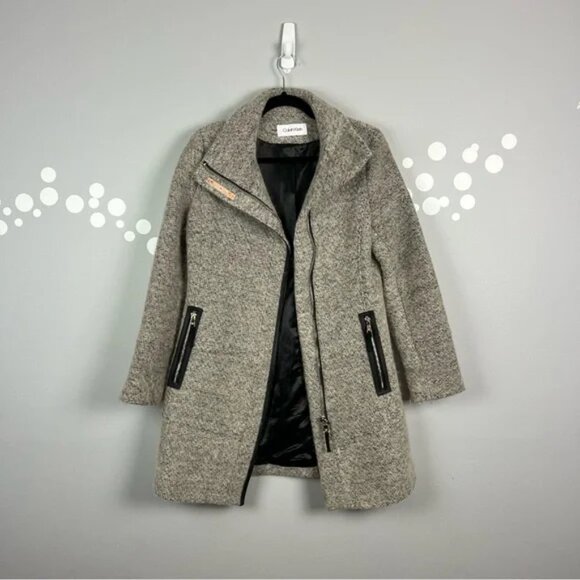 Calvin Klein Faux-Leather-Trim Asymmetrical Walker Coat Size XS - Picture 9 of 14